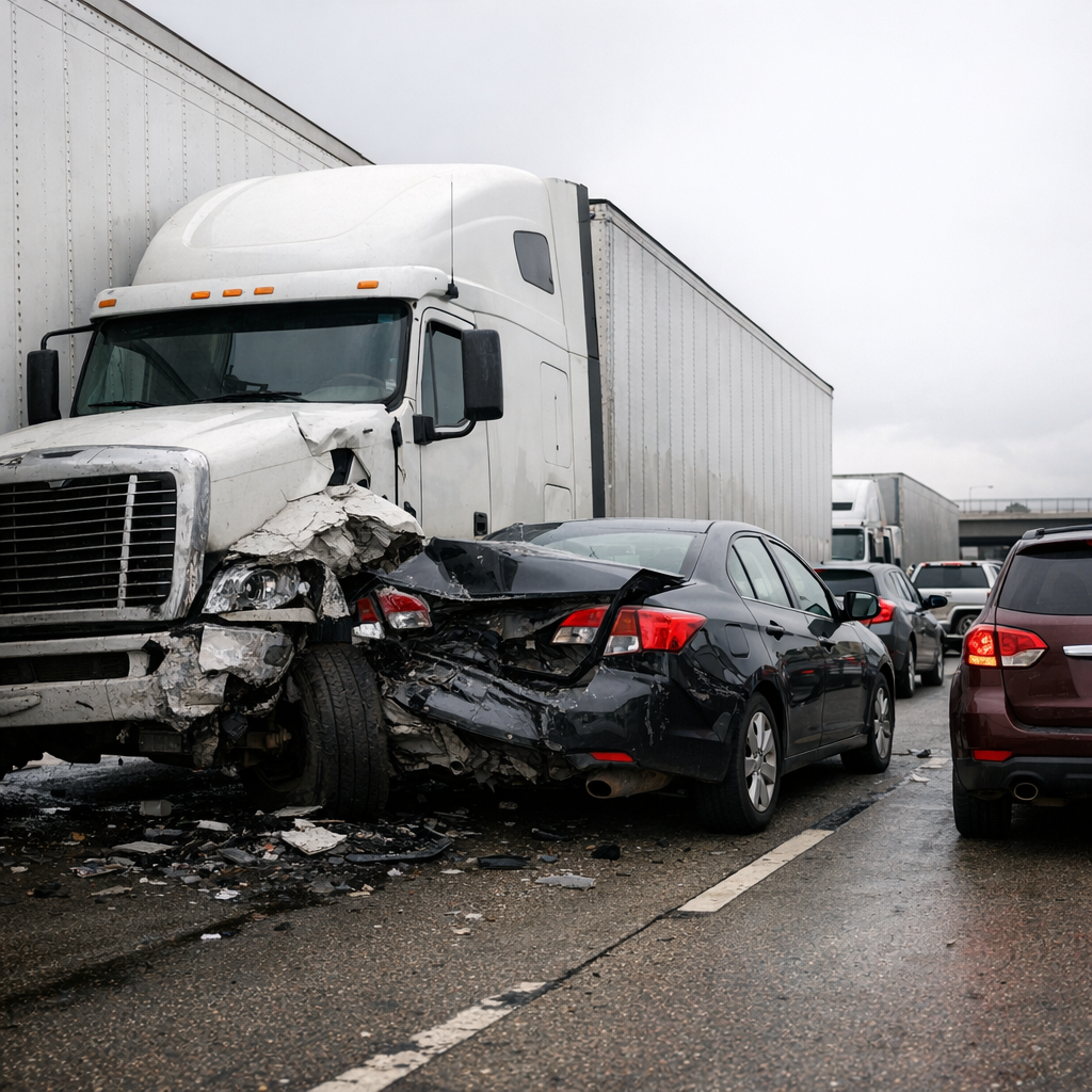 big rig stop go crash illustration for Big rig collision in stop-and-go traffic