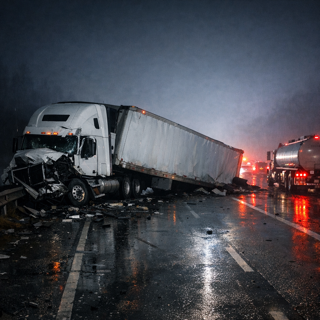 big rig night accident illustration for Big rig crash during nighttime driving