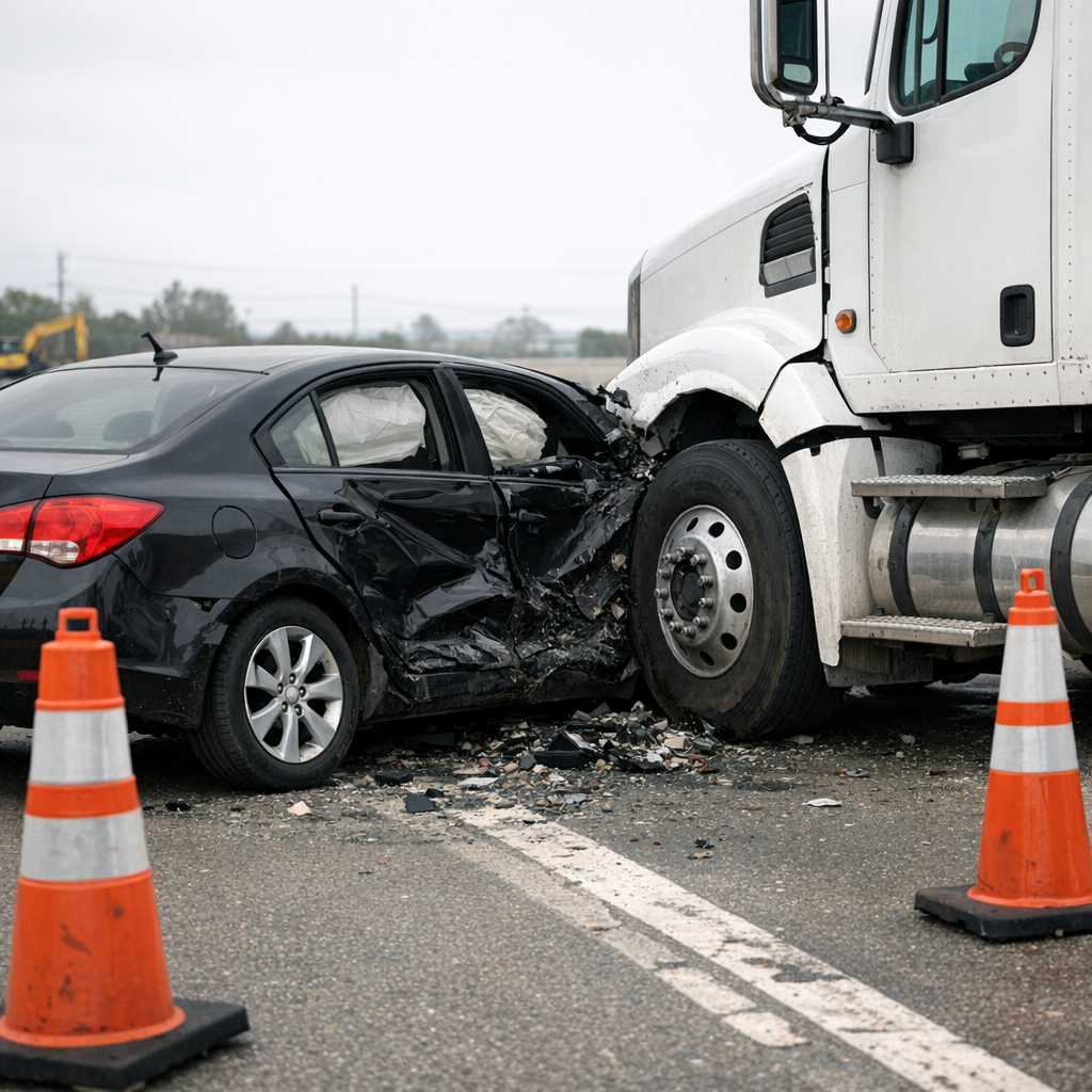 big rig construction cones crash illustration for Big rig hit my car near construction cones