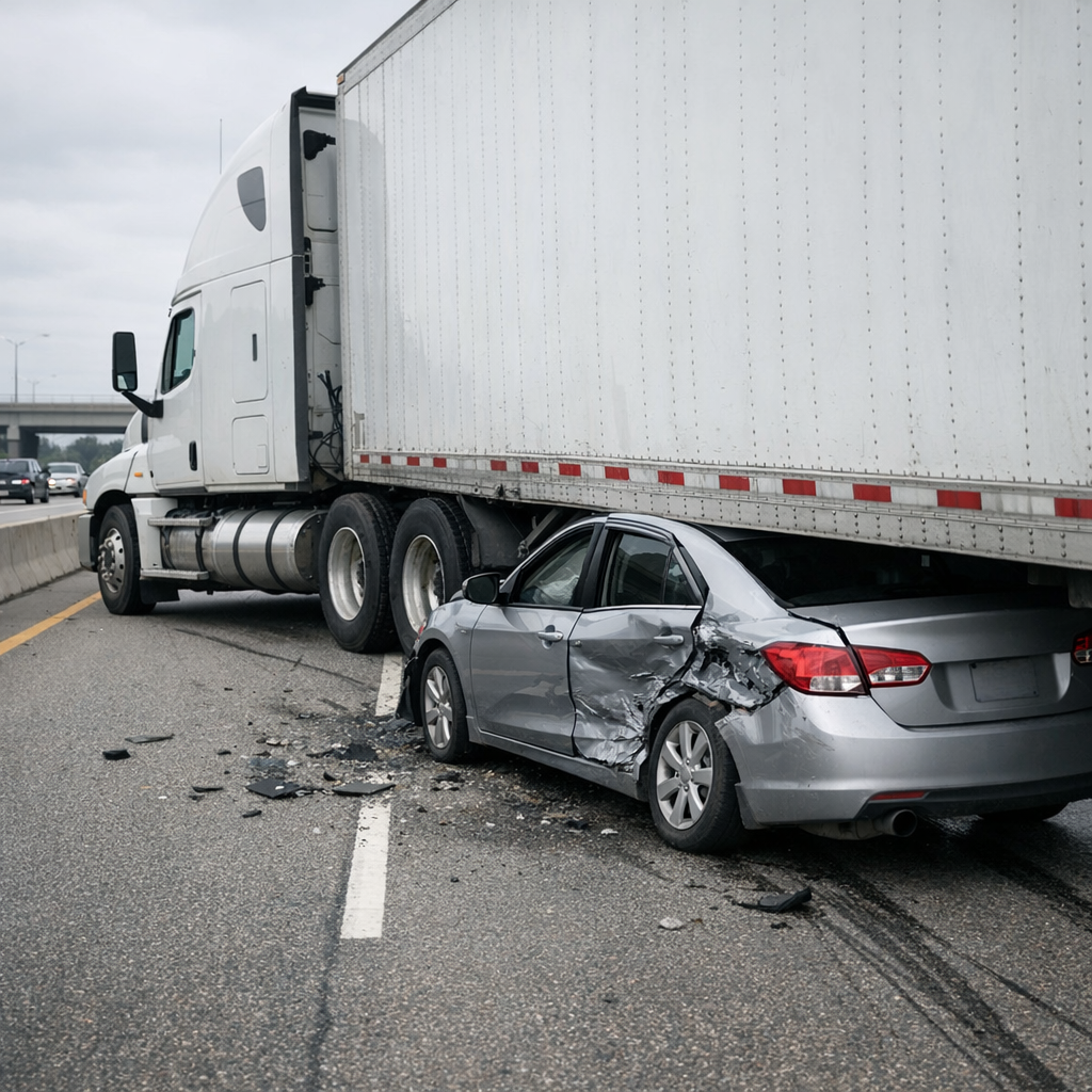 big rig lane change crash illustration for Big rig hit my vehicle while changing lanes