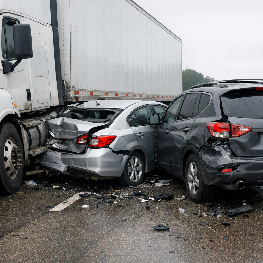 big rig multi vehicle crash illustration for Big rig pushed my car into another vehicle