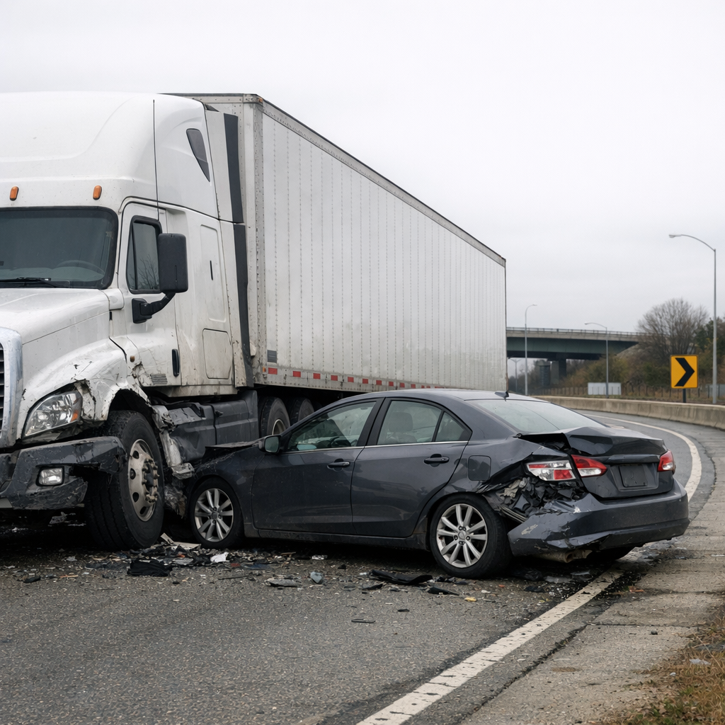 big rig off ramp crash illustration for Big rig struck my car near an off ramp