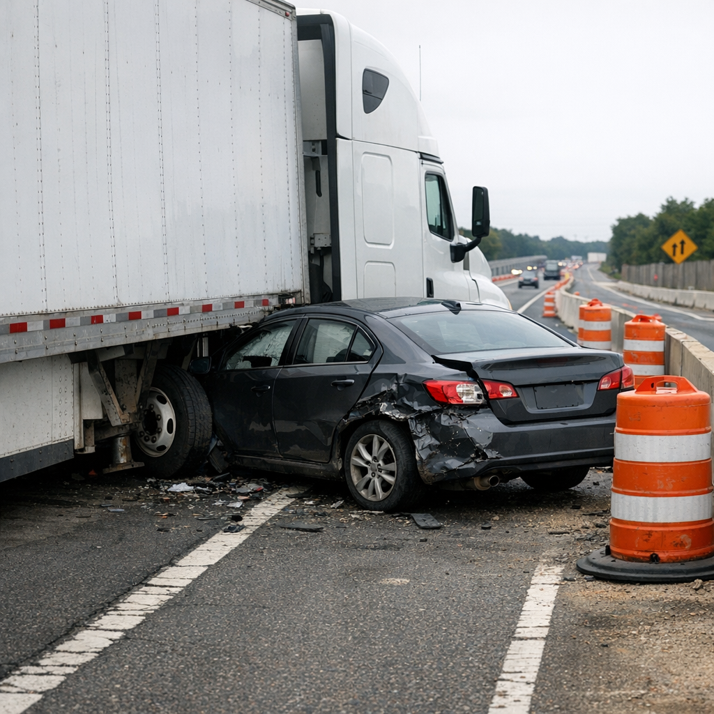 big rig lane narrowing crash illustration for Big rig struck my vehicle during lane narrowing
