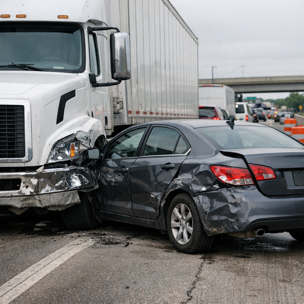 big rig bottleneck collision illustration for Big rig struck my vehicle near a traffic bottleneck