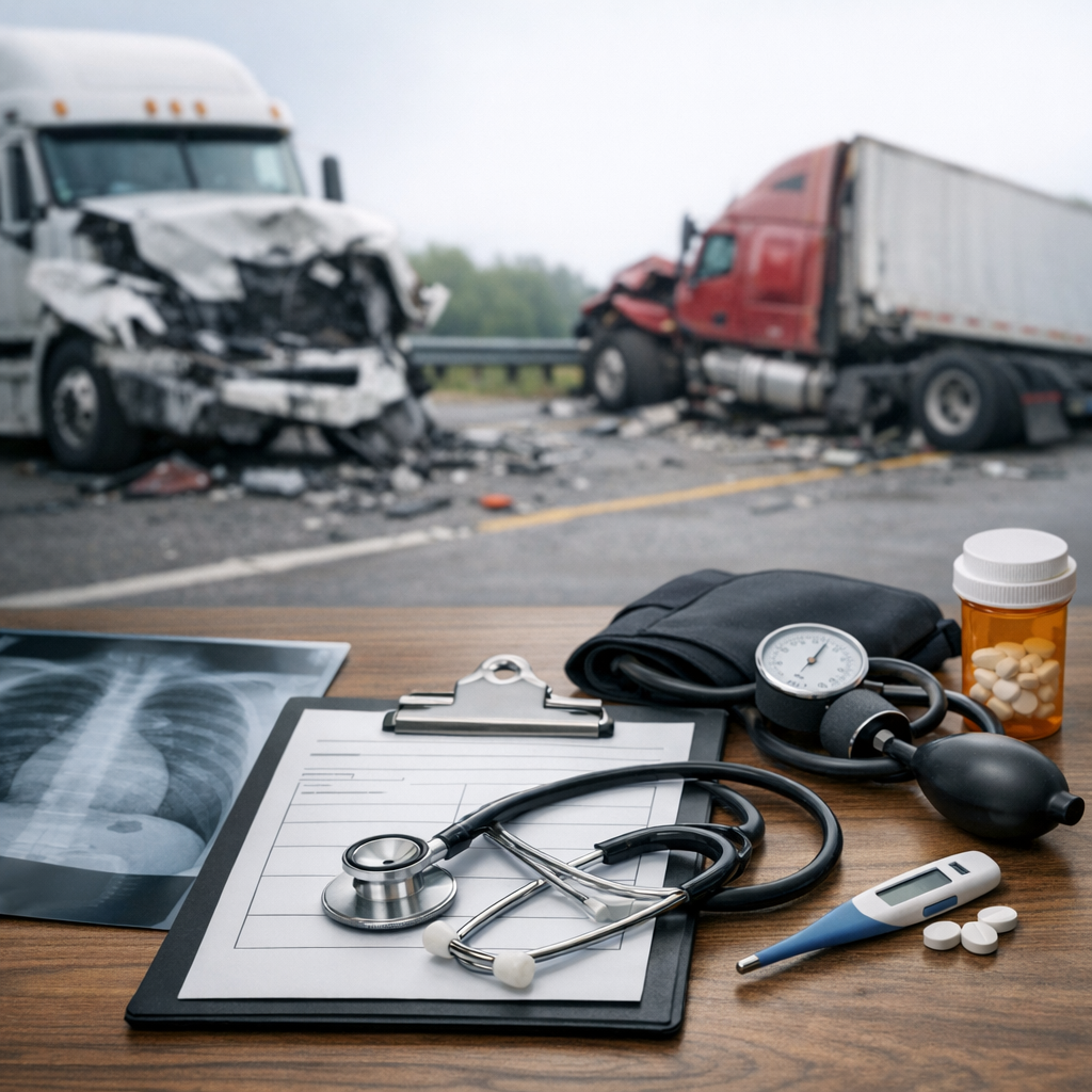 medical evaluation truck crash illustration for Medical evaluations following truck collisions
