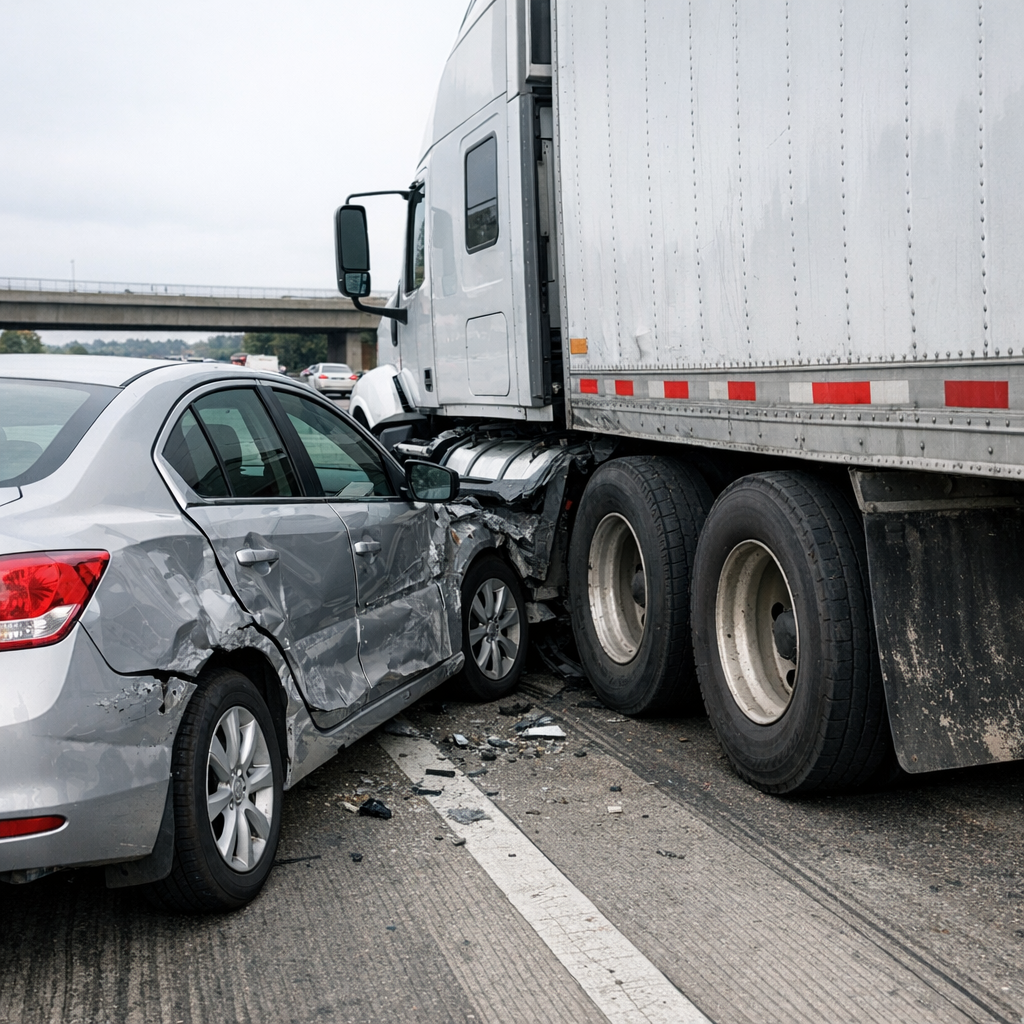 semi truck clipped car freeway illustration for Semi truck clipped my vehicle on the freeway