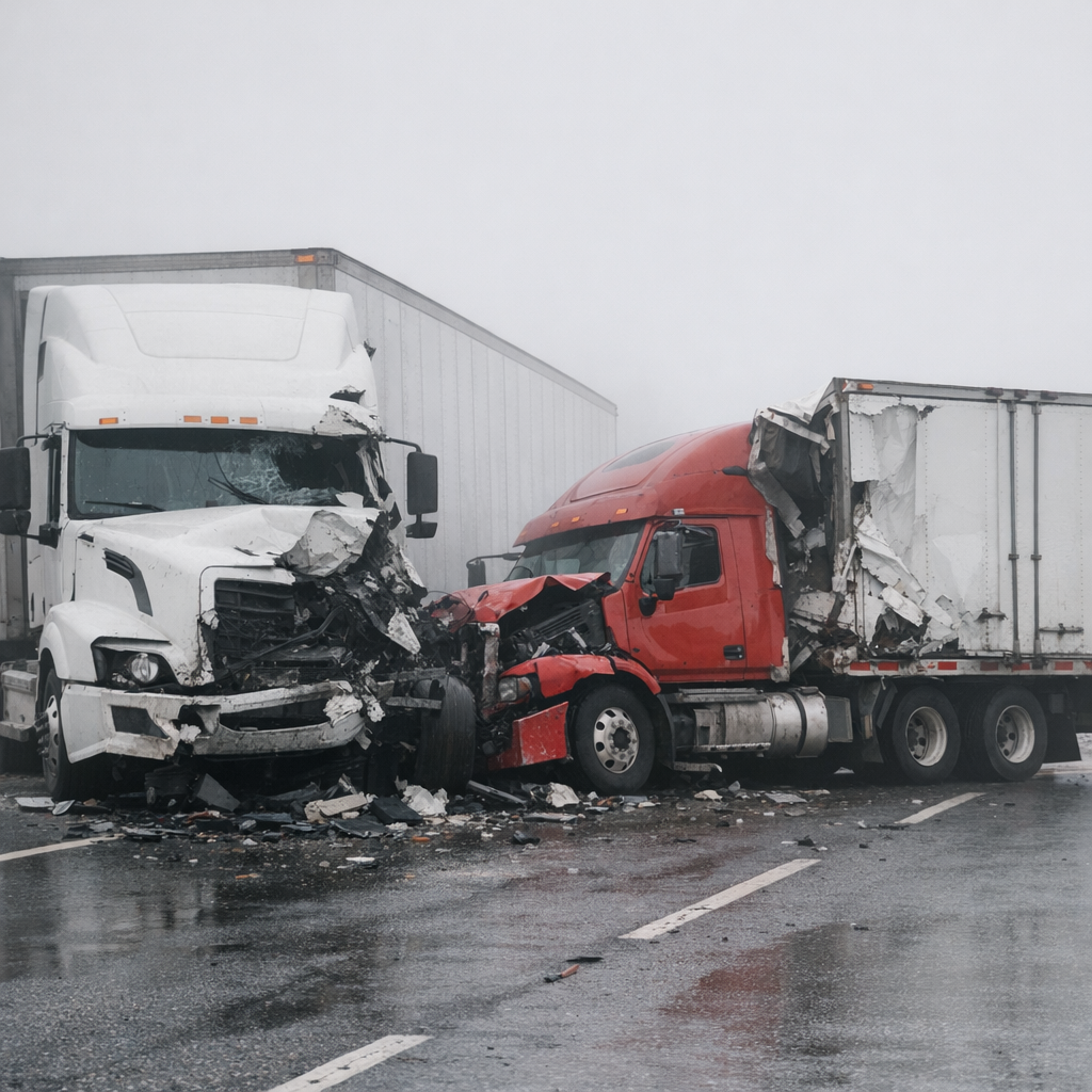 semi truck fog crash illustration for Semi truck collision in fog
