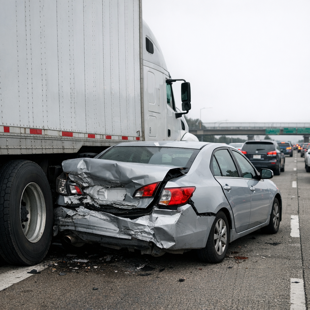semi slow traffic crash illustration for Semi truck hit my car in slow freeway traffic