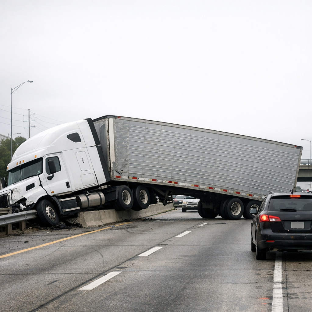 semi truck jackknife crash illustration for Semi truck jackknifed into traffic