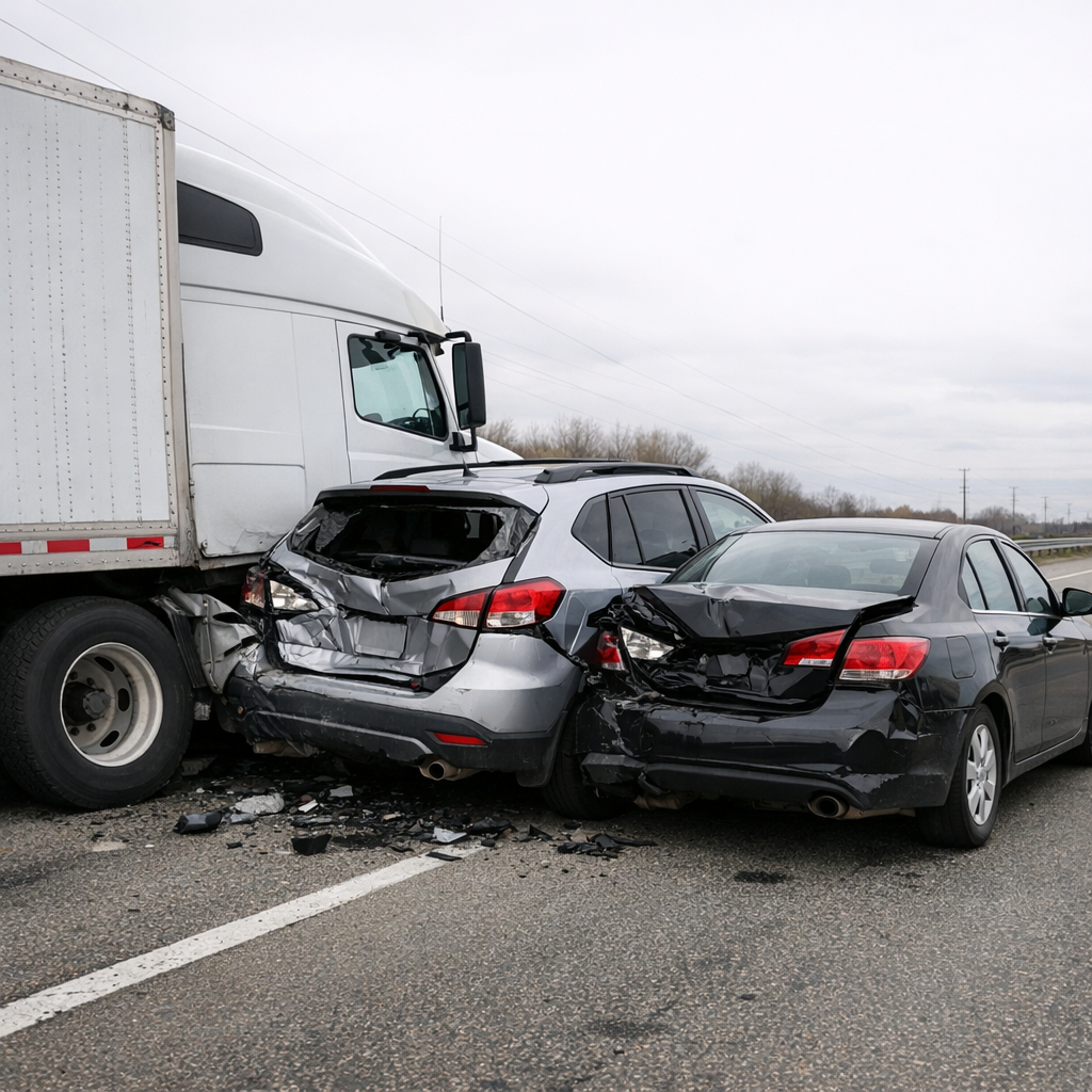 semi pushed vehicle crash illustration for Semi truck pushed my vehicle into another car