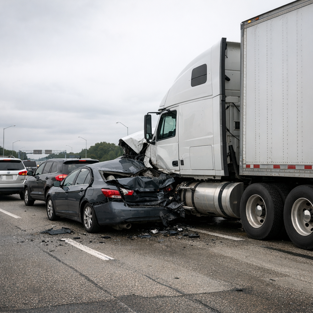 semi rear end stopped traffic illustration for Semi truck rear ended traffic at a stop