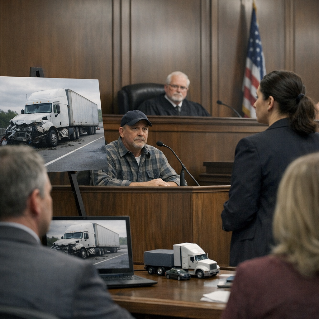 trial wrongful death truck accident illustration for **Headlines:** - "Inside the Courtroom: Trial Insights from a Wrongful D