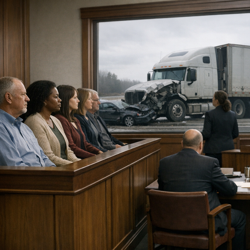 jury wrongful death truck illustration for Sure, I understand. Here's an engaging headline: "The Jury’s Crucial Role in Wrong